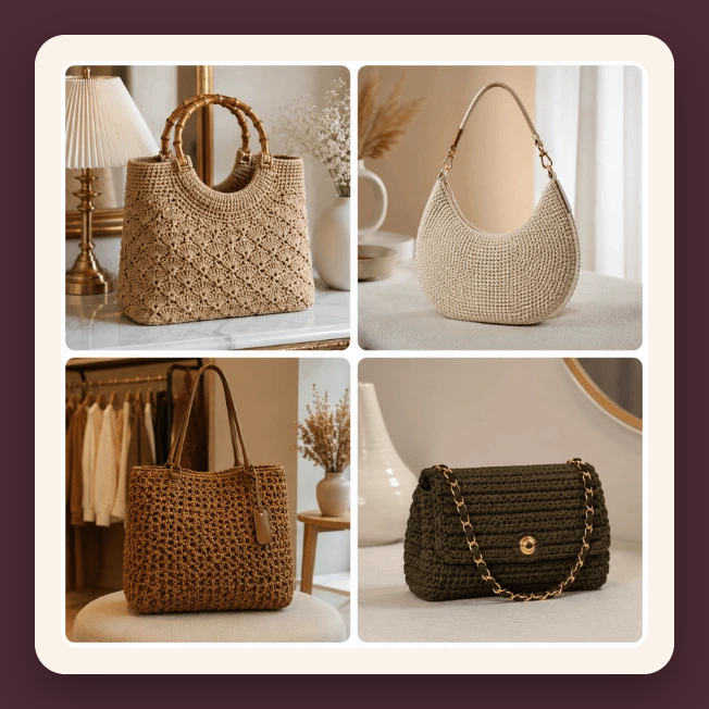 Mosaico de bolsas elegantes de crochê