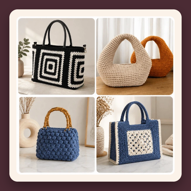 Mosaico de bolsas modernas de crochê